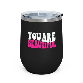 Insulated Tumbler - 12oz, You Are Beautiful Retro Wavy Pink White Inspiration Affirmation