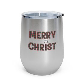 Insulated Tumbler - 12oz, Merry With Christ, Red And Green Plaid Christmas Holiday Pattern Print (Color: Stainless)