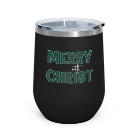 Insulated Tumbler - 12oz, Merry With Christ, Green Plaid Christmas Holiday Pattern Print (Color: Black)