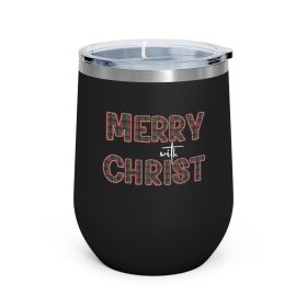Insulated Tumbler - 12oz, Merry With Christ, Red And Green Plaid Christmas Holiday Pattern Print (Color: Black)