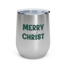 Insulated Tumbler - 12oz, Merry With Christ, Green Plaid Christmas Holiday Pattern Print (Color: Stainless)